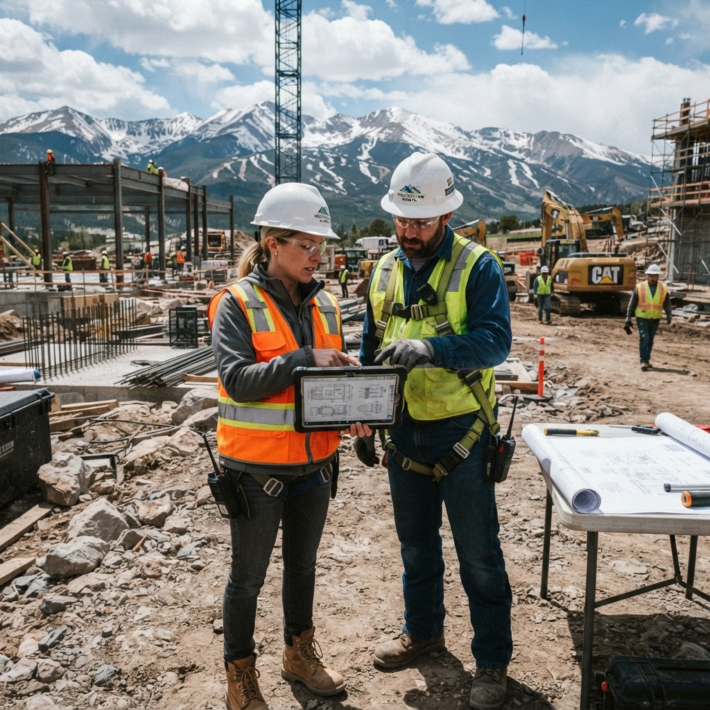 RMFryConstruct engineers reviewing plans on a Colorado job site