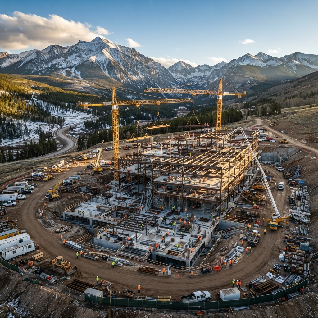 Aerial view of a RMFryConstruct project site in the Colorado Rockies